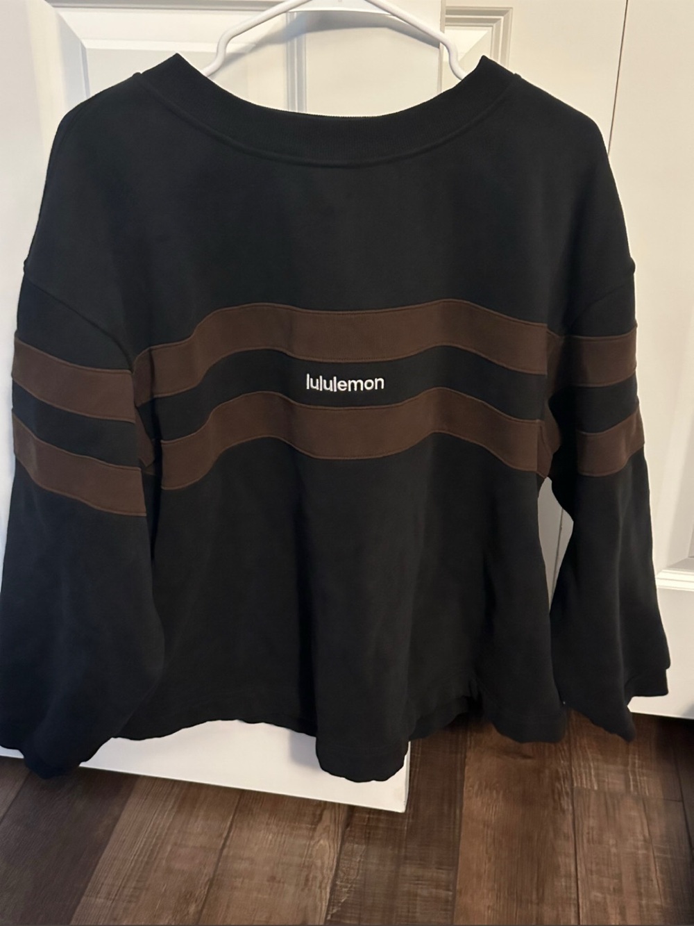 lululemon athletica Black Crewneck Sweater with Brown Stripes